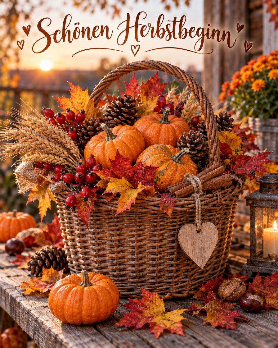 Weidenkorb mit kleinen Kürbissen, Hagebutten, Weizenähren und Zimtstangen auf einem Holztisch im Abendlicht, Schriftzug Schönen Herbstbeginn
