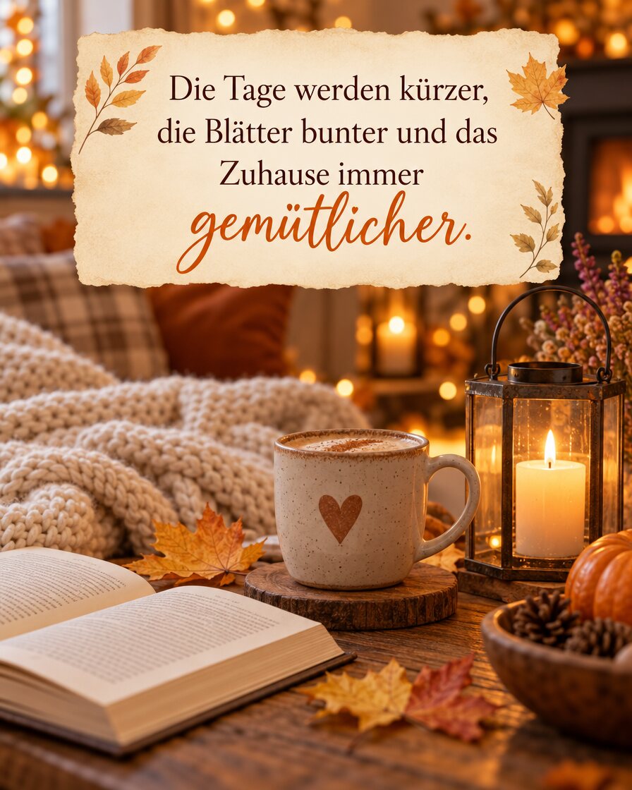 Gemütlicher Tisch mit Tasse, Laterne, Buch und Strickdecke, darüber ein Papierzettel mit dem Satz: Die Tage werden kürzer, die Blätter bunter und das Zuhause immer gemütlicher