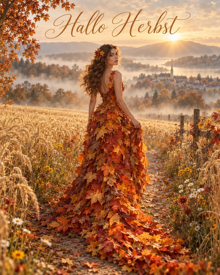 Frau in einem langen Kleid aus roten und orangen Ahornblättern auf einem Feldweg, im Hintergrund ein Dorf im Morgennebel, darüber der Schriftzug Hallo Herbst
