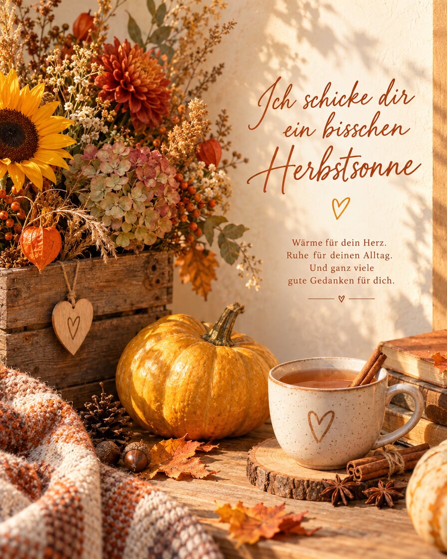 Herbststrauß mit Sonnenblume und Hortensien, Kürbis und Teetasse, Schriftzug Ich schicke dir ein bisschen Herbstsonne