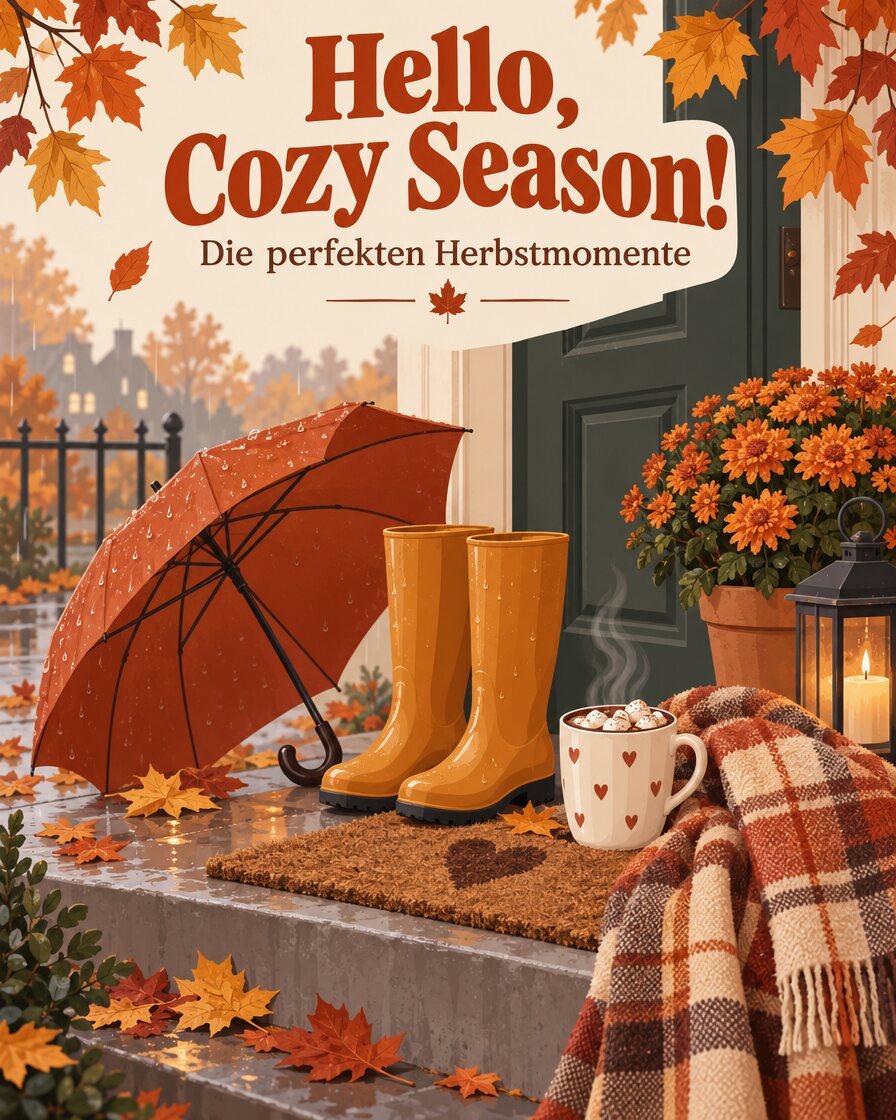Illustration einer Haustür im Regen mit rotem Schirm, gelben Gummistiefeln, Kakao und Karodecke, Schriftzug Hello, Cozy Season