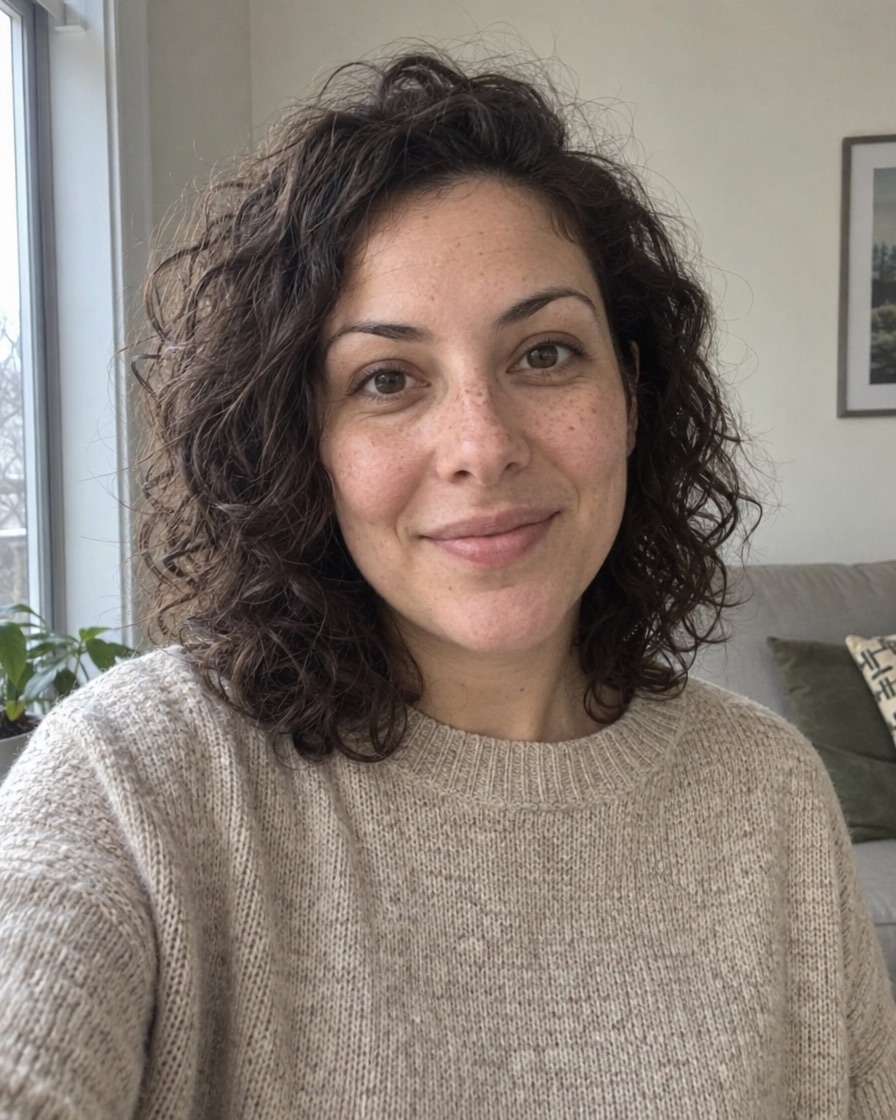 Vorher: einfaches Handyfoto einer Frau mit dunklen Locken vor einer hellen Wohnzimmerwand bei Tageslicht