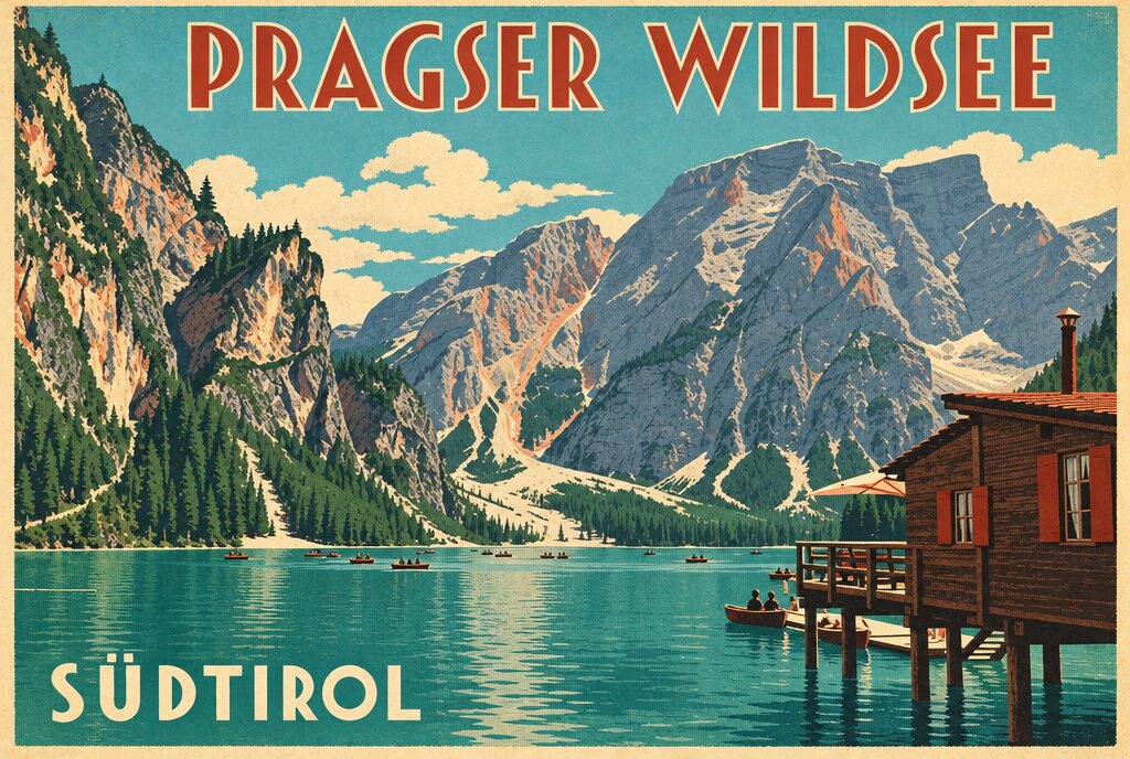 Reiseplakat im Stil der Dreißiger: Pragser Wildsee mit Bootshaus, Ruderbooten und Bergen in Flächen gemalt, oben Pragser Wildsee, unten links Südtirol