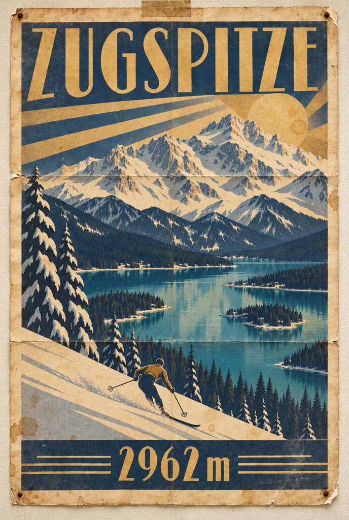 Dasselbe Zugspitze-Plakat gealtert: Knickfalten, verblichene Farben, gelbe Ränder, Klebeband oben, Löcher in den Ecken