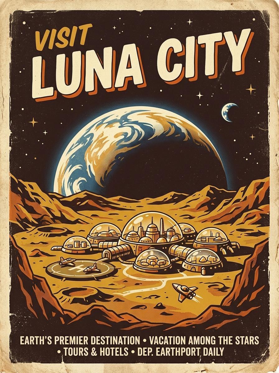 Luna-City-Plakat von Nano Banana 2: comichafte Kuppelstadt mit Landeplatz und Raumschiffen, große Erde am Himmel, Schrift Visit Luna City, unten zwei Werbezeilen