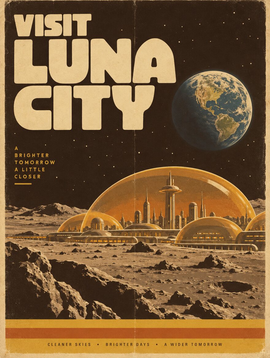 Luna-City-Plakat von GPT Image 2.5: große cremefarbene Schrift Visit Luna City, Erde am Himmel, Kuppelstadt auf dem Mond, dazu kleine Zusatztexte