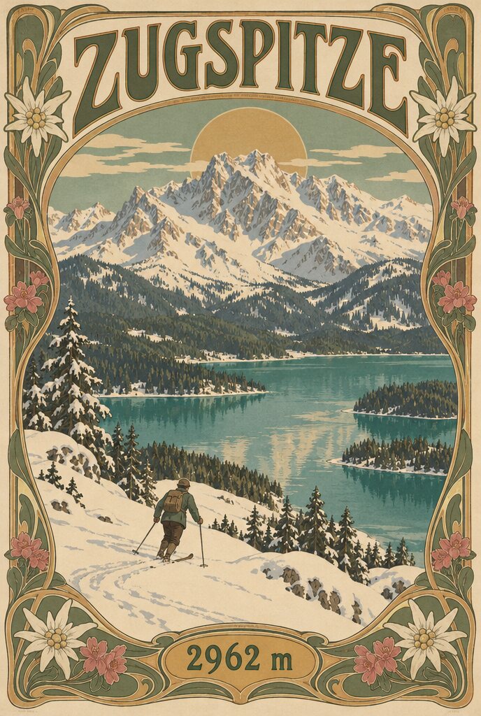 Jugendstil-Plakat der Zugspitze um 1900 mit Rahmen aus Edelweiß und Alpenrosen, gedämpfte Grün- und Ockertöne