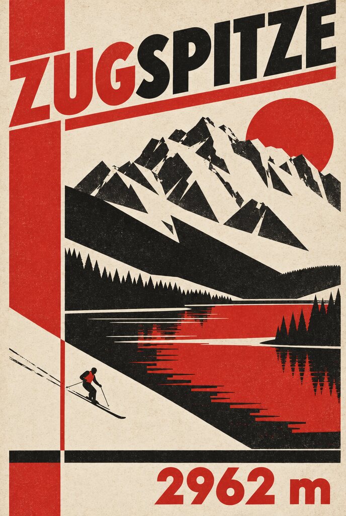 Bauhaus-Plakat der Zugspitze aus roten und schwarzen Flächen, der Berg als Dreiecke, roter Kreis als Sonne