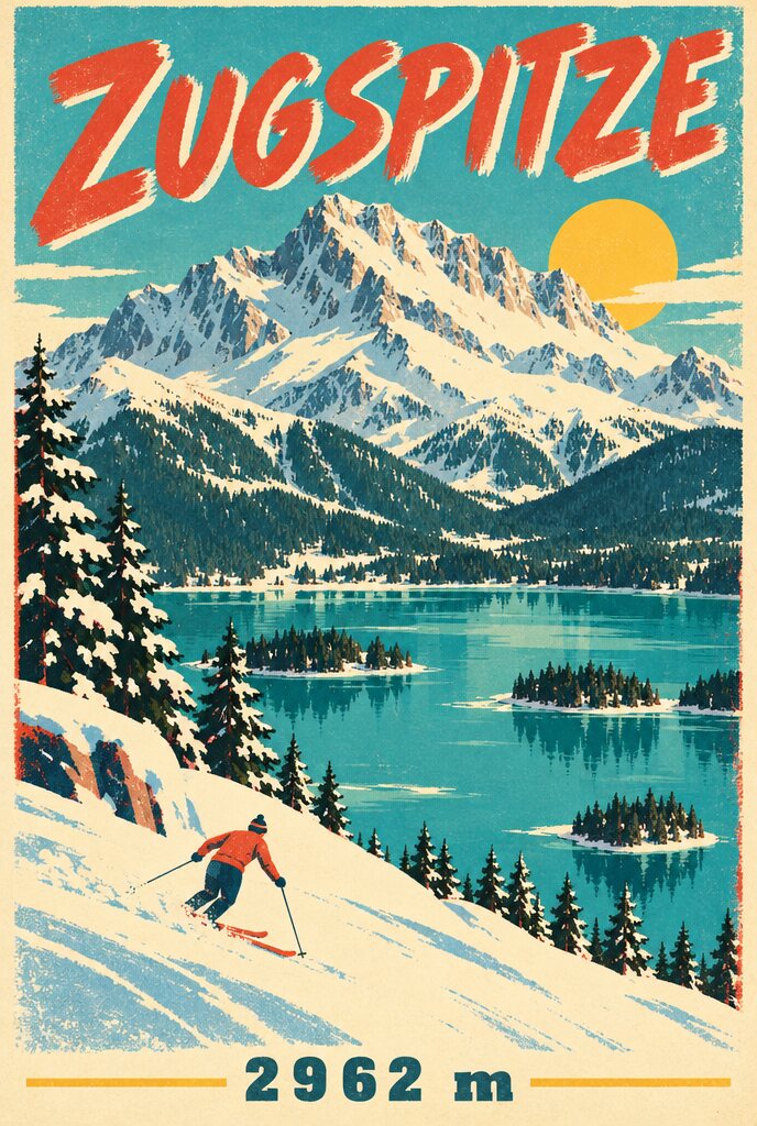 Fünfziger-Jahre-Plakat der Zugspitze in Türkis und Koralle mit schräger Pinselschrift