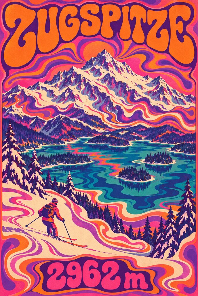 Psychedelisches Plakat der Zugspitze von 1968 in Magenta, Orange und Lila mit fließender Schrift