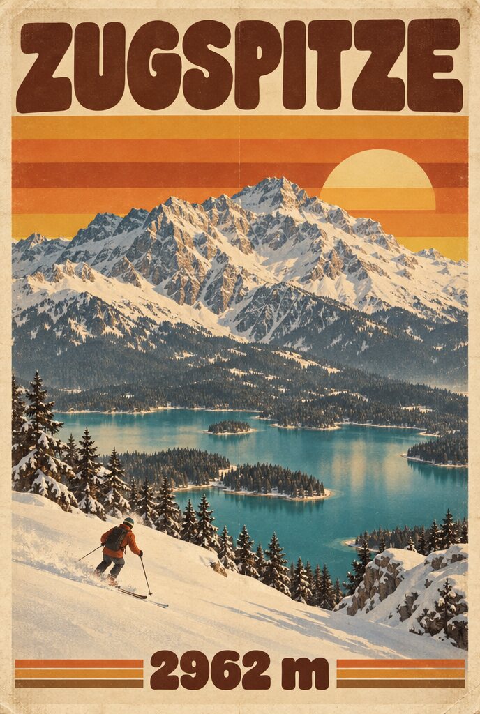 Siebziger-Plakat der Zugspitze mit Sonnenstreifen in Orange, Braun und Senf und runder fetter Schrift