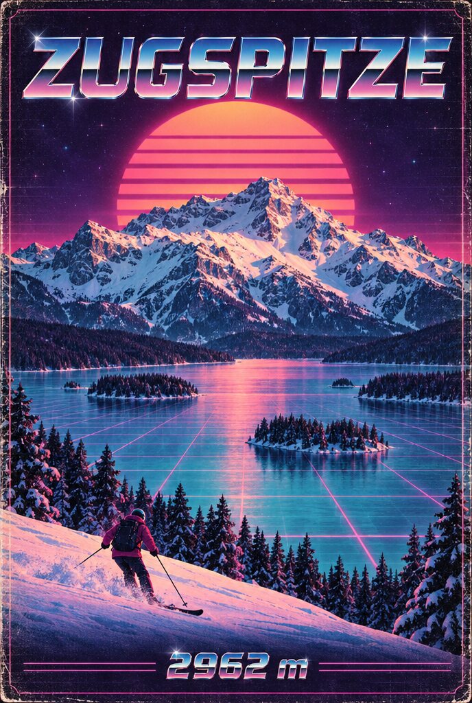 Achtziger-Plakat der Zugspitze mit Neon-Sonne, Gitterlinien auf dem See und Chromschrift