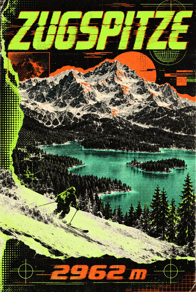 Rave-Flyer der Neunziger mit der Zugspitze in Giftgrün und Orange auf Schwarz, Rasterpunkte und verzerrte Schrift