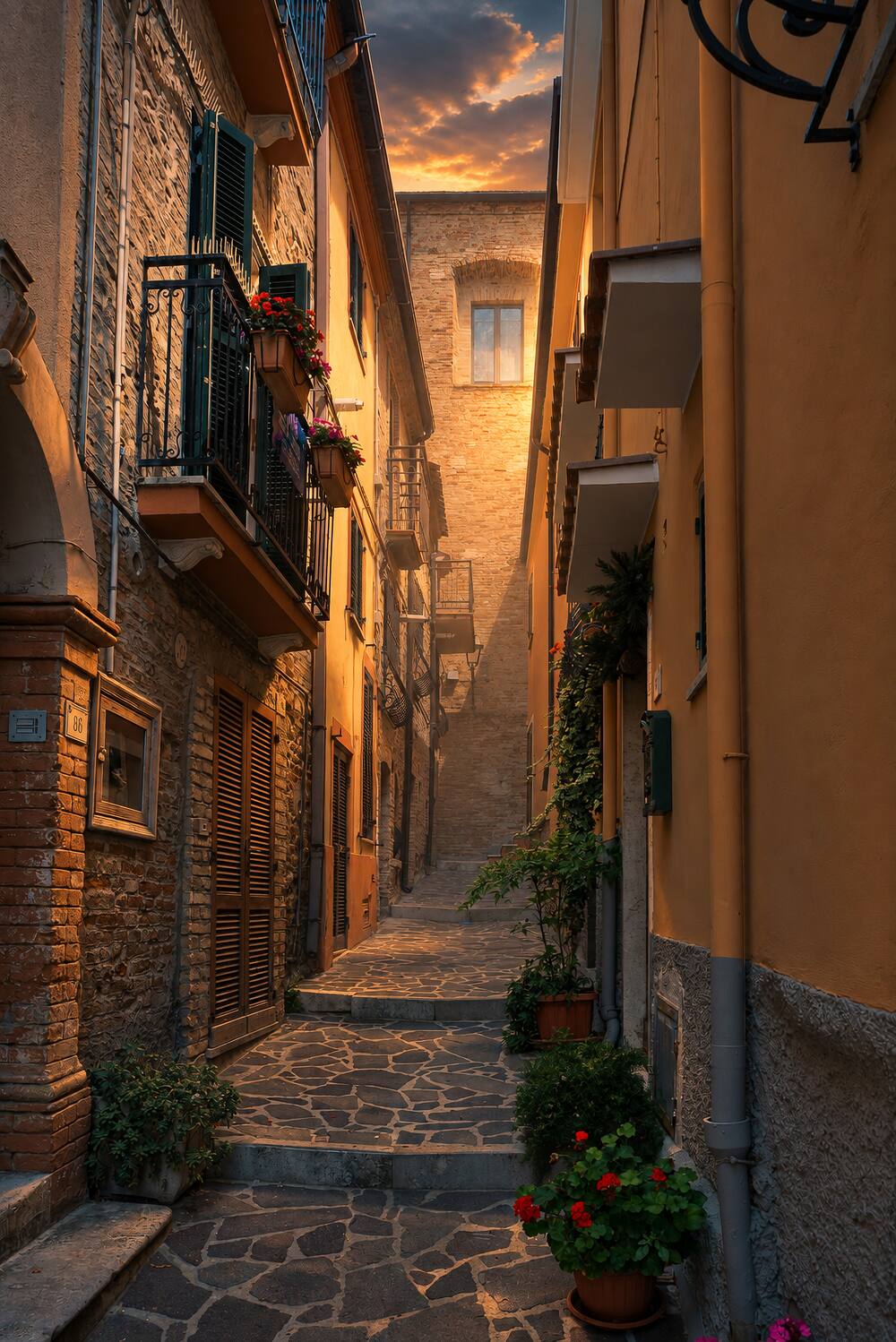 Enge Gasse mit Blumentöpfen und grünen Fensterläden im Kinolook