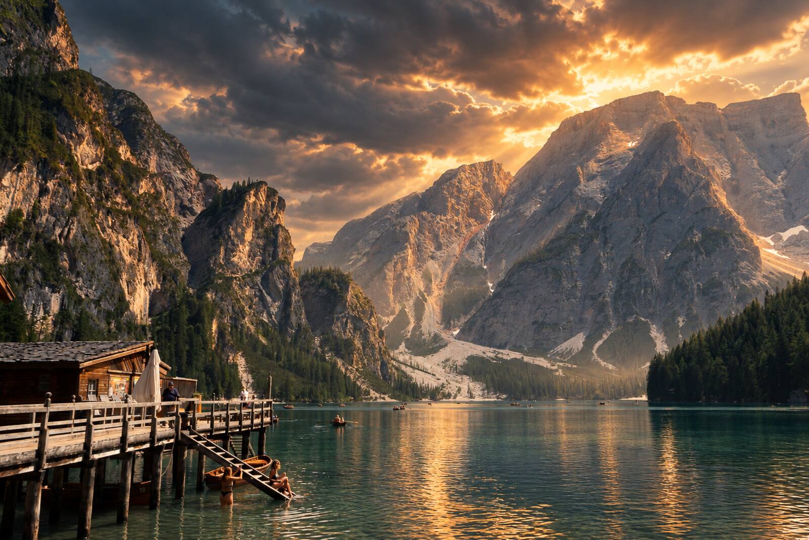 Goldene Lichtreflexe auf dem Wasser des Pragser Wildsees