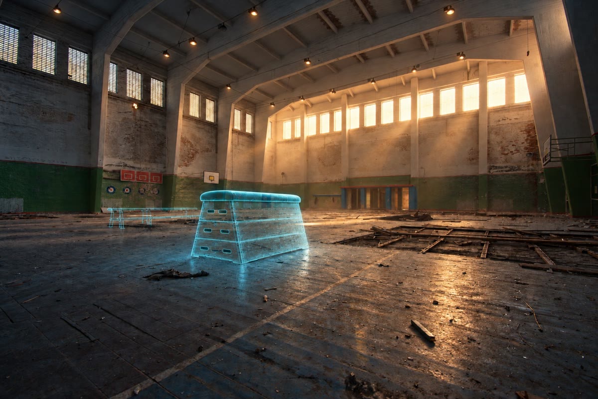 Verlassene Turnhalle im goldenen Abendlicht, in der Mitte steht ein blau leuchtender, durchsichtiger Turnbock aus Lichtlinien