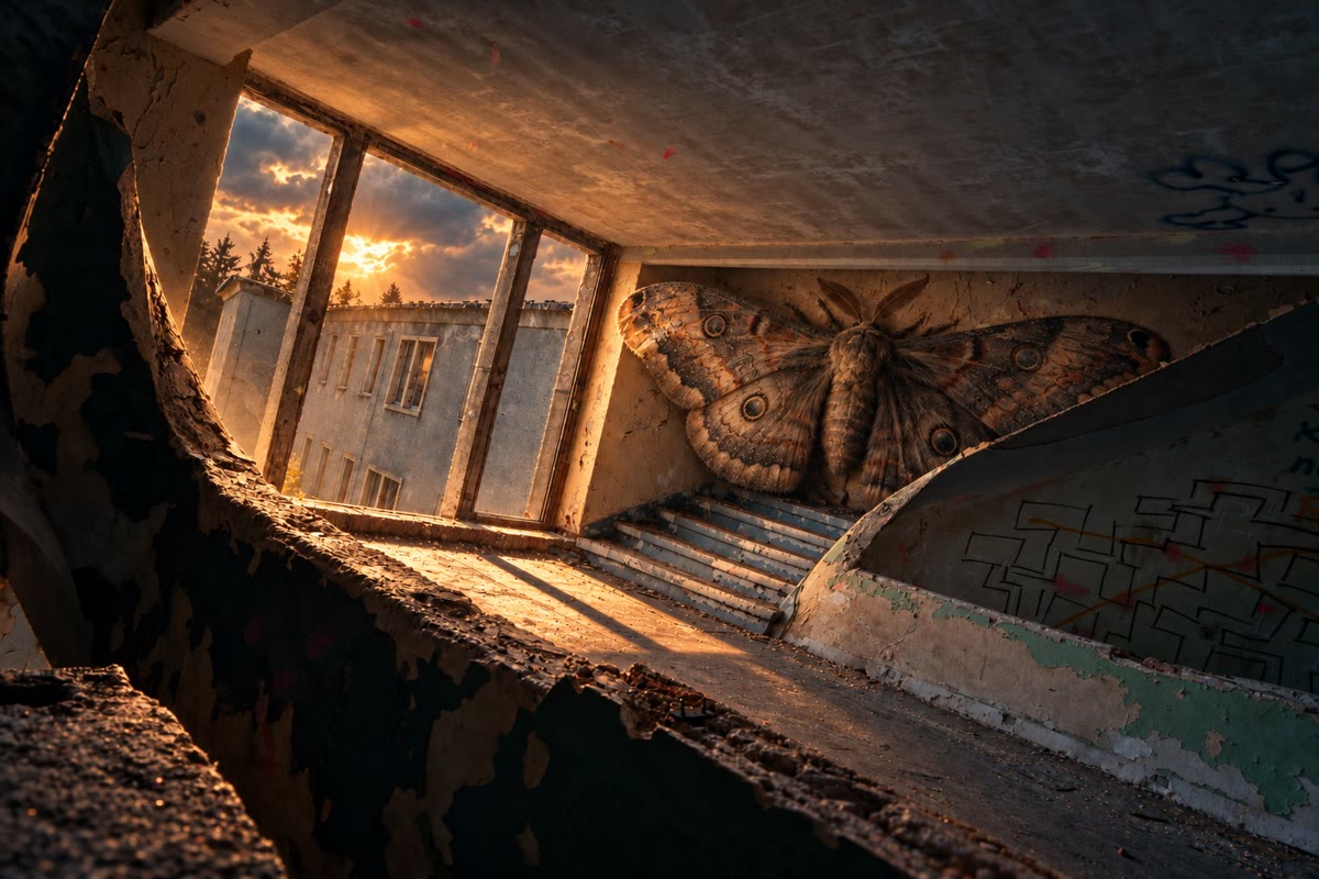 Blick durch ein Loch in der Wand in einen verfallenen Raum, an der Wand sitzt eine riesige Motte mit Augenflecken, durchs Fenster scheint die Abendsonne