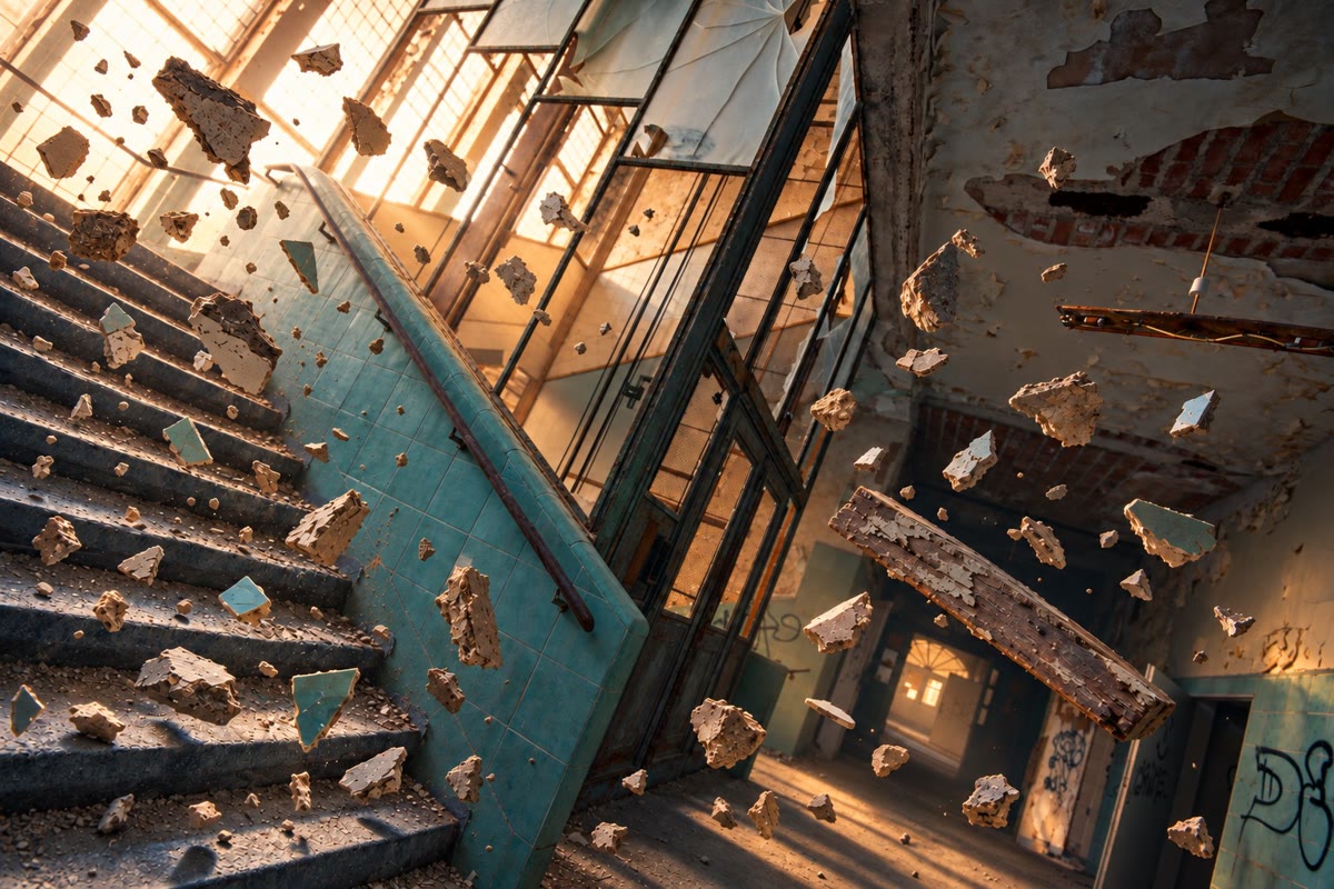 Schräg fotografiertes Treppenhaus mit türkisen Fliesen im Gegenlicht, überall schweben Putzbrocken und Fliesenscherben in der Luft