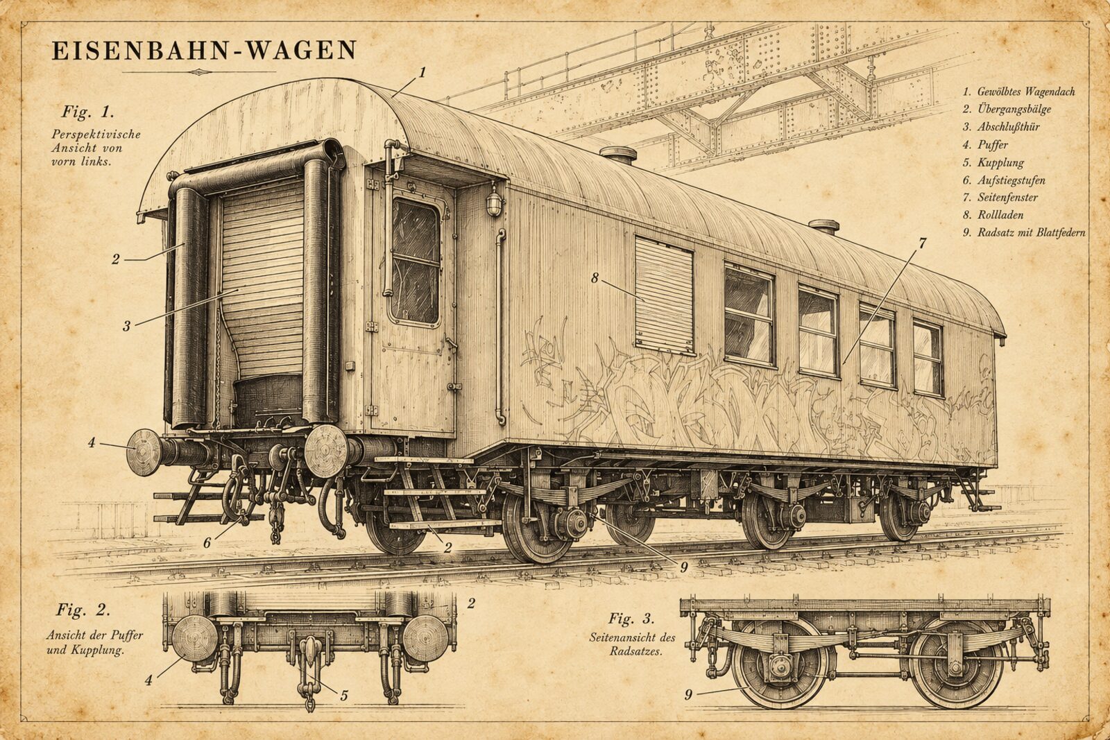 Patentzeichnung „Eisenbahn-Wagen“: der Wagen als Federzeichnung mit neun nummerierten Teilen, darunter Ansicht der Puffer und des Radsatzes