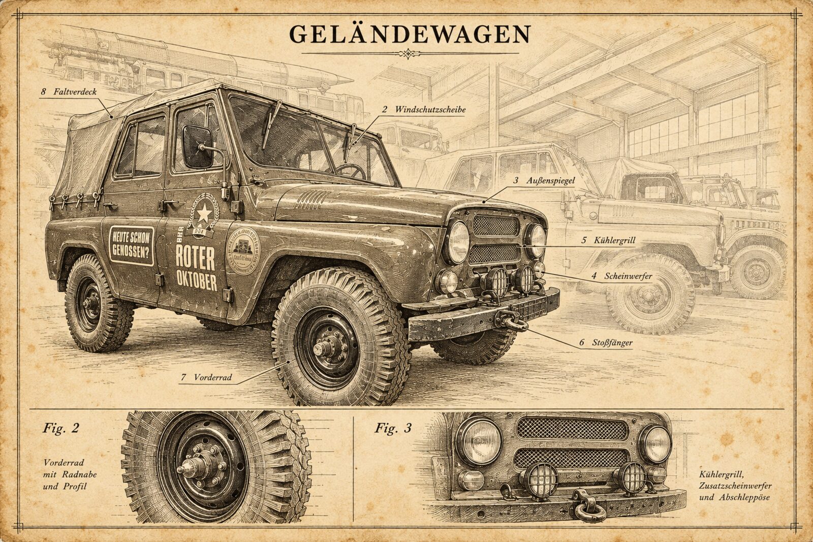 Patentzeichnung „Geländewagen“: der Wagen mit Aufklebern als Federzeichnung, dahinter blasse Skizzen der Nachbarfahrzeuge