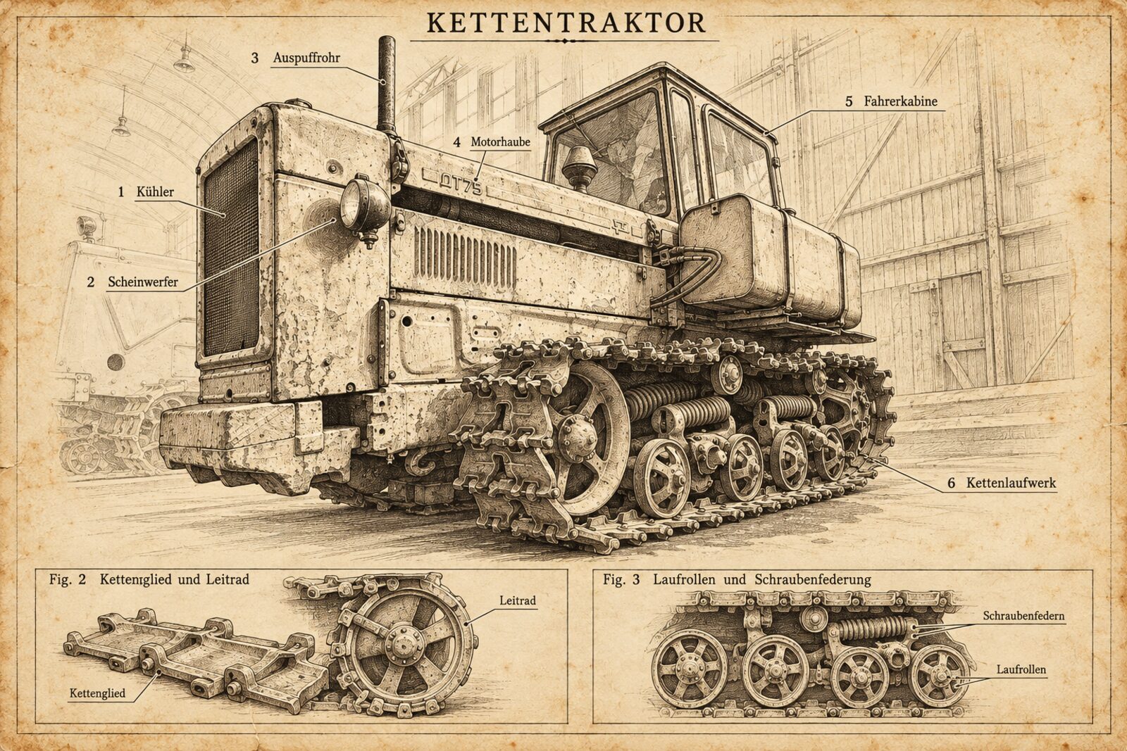 Patentzeichnung „Kettentraktor“: der Traktor als Federzeichnung mit sechs nummerierten Teilen und Detailansichten von Kettenglied, Leitrad, Laufrollen und Schraubenfederung