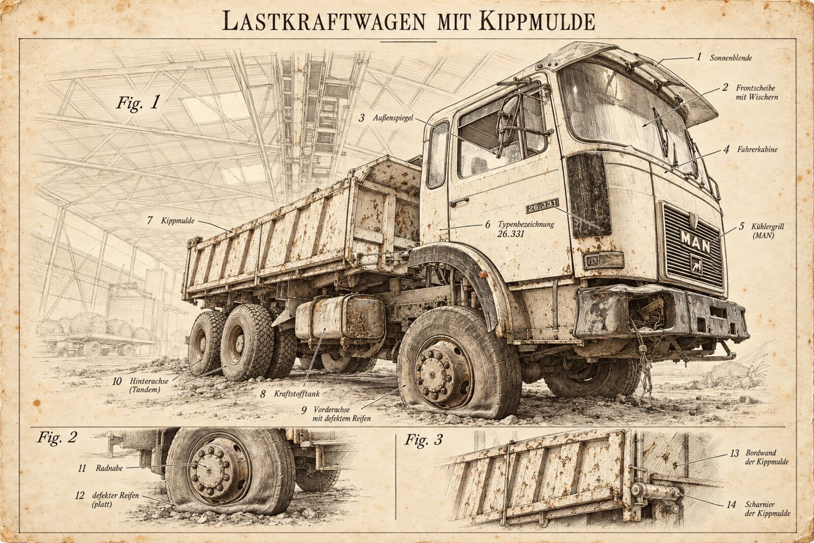 Patentzeichnung „Lastkraftwagen mit Kippmulde“: der MAN-Kipper als Federzeichnung mit 14 Beschriftungen und Detailansichten von Radnabe und Bordwand