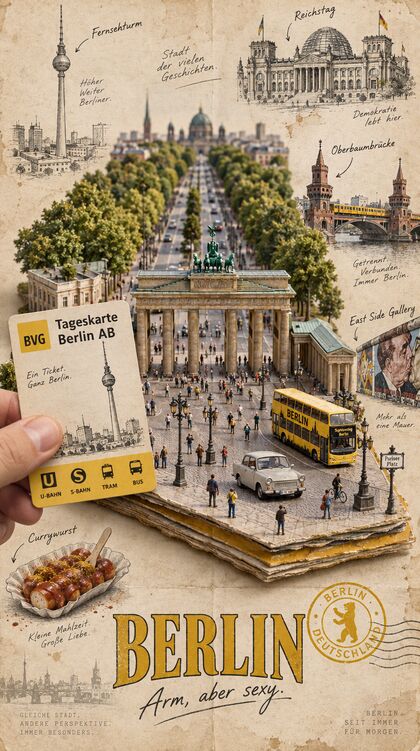 KI-Reisetagebuchseite Berlin: Brandenburger Tor als Miniatur mit gelbem Doppeldeckerbus, davor eine Hand mit BVG-Tageskarte
