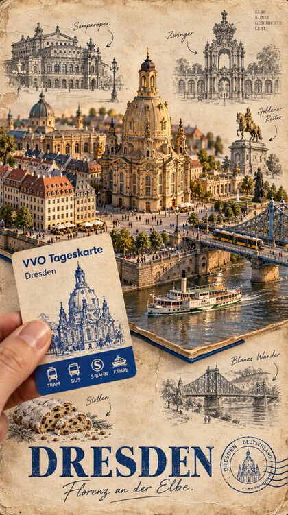 Reisetagebuchseite Dresden mit Frauenkirche und Raddampfer auf der Elbe
