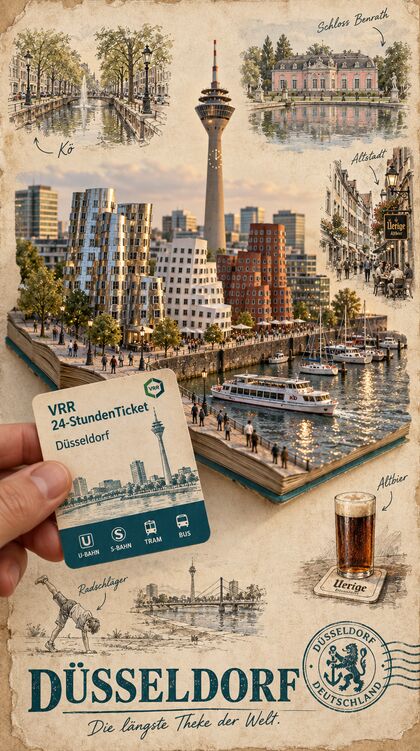 Reisetagebuchseite Düsseldorf mit Medienhafen und Rheinturm