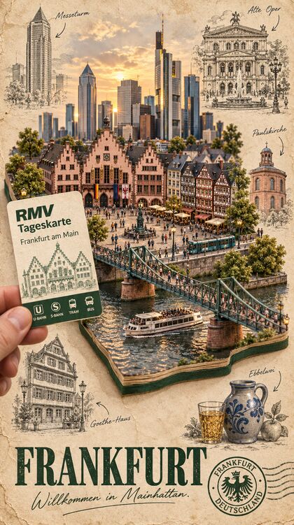 Reisetagebuchseite Frankfurt am Main mit Römerberg und Bankenskyline