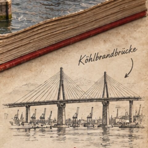 Ausschnitt: Bleistiftskizze der Köhlbrandbrücke mit Kränen, handschriftlich beschriftet