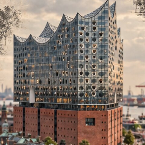 Ausschnitt: Elbphilharmonie mit gewellter Glasfassade auf rotem Backsteinsockel