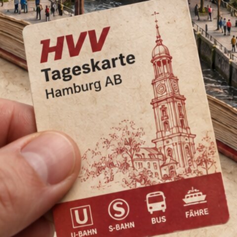 Ausschnitt: Hand hält HVV-Tageskarte Hamburg AB mit Michel-Skizze und rotem Band mit Verkehrssymbolen