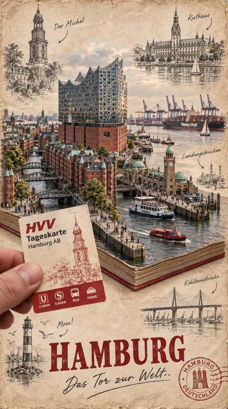 KI-Reisetagebuchseite Hamburg: Elbphilharmonie und Speicherstadt wachsen als Miniatur aus einem Buch, davor eine Hand mit HVV-Tageskarte