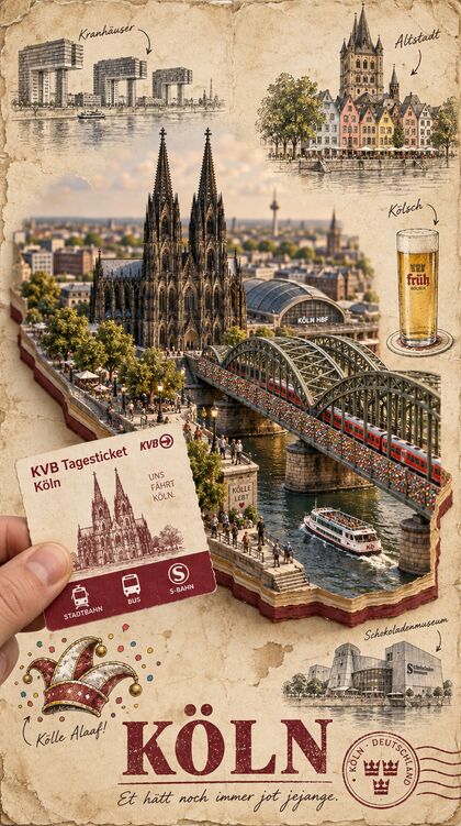 Reisetagebuchseite Köln mit Dom und Hohenzollernbrücke