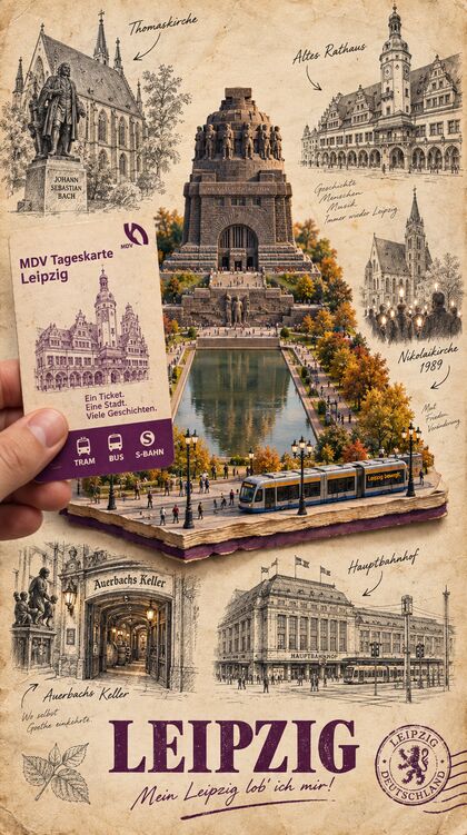 Reisetagebuchseite Leipzig mit Völkerschlachtdenkmal und Straßenbahn