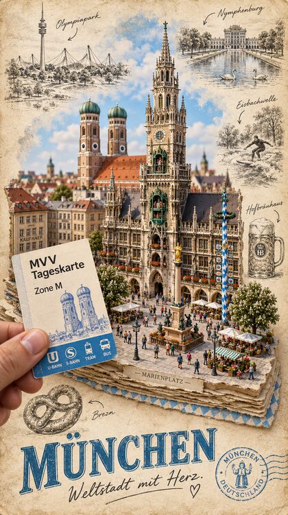 KI-Reisetagebuchseite München: Marienplatz mit Neuem Rathaus als Miniatur, davor eine Hand mit MVV-Tageskarte