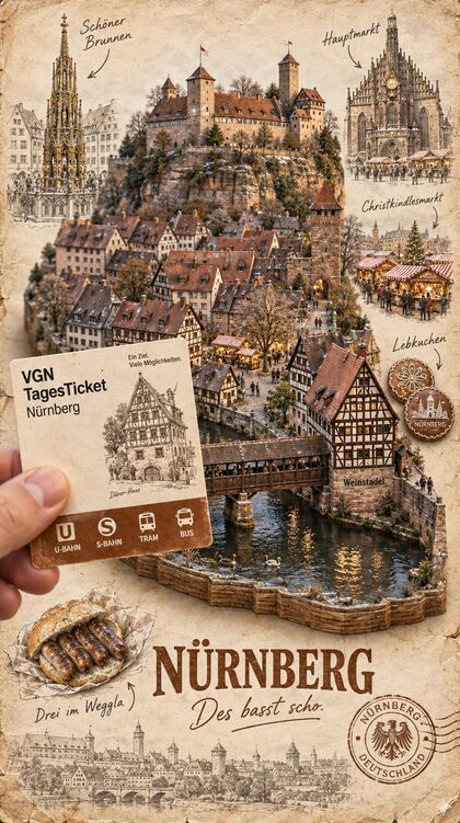 Reisetagebuchseite Nürnberg mit Kaiserburg über der Fachwerk-Altstadt