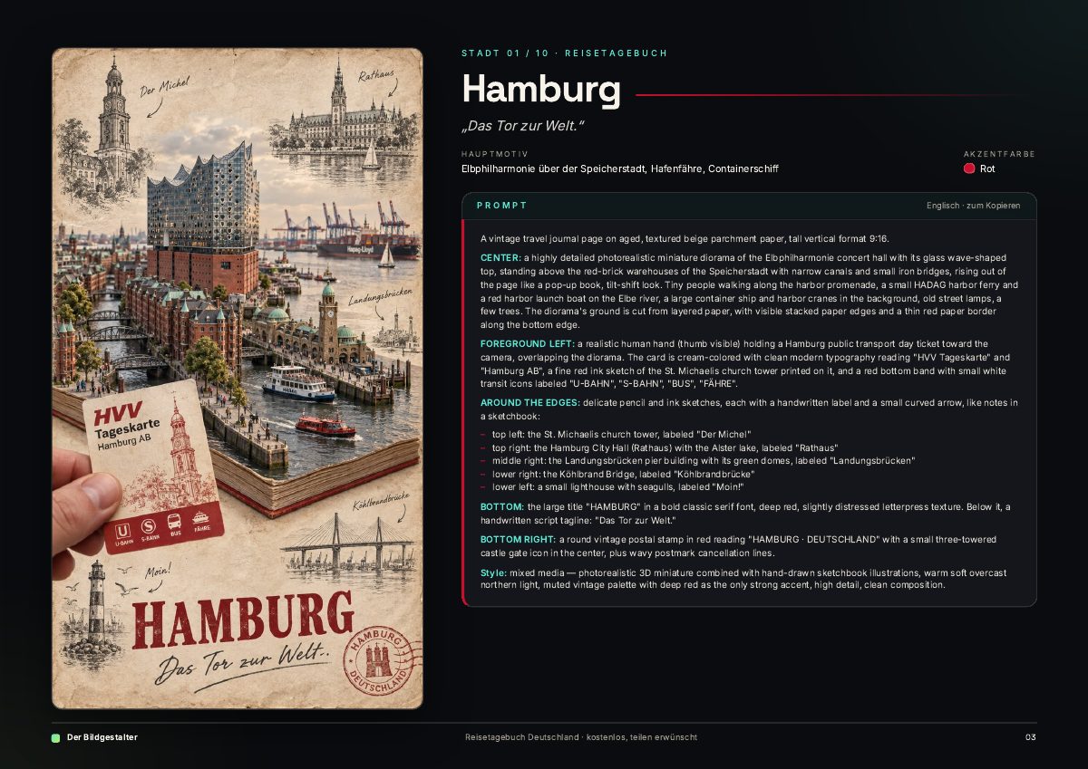 Seite aus dem PDF: Hamburg-Bild links, daneben der vollständige Prompt