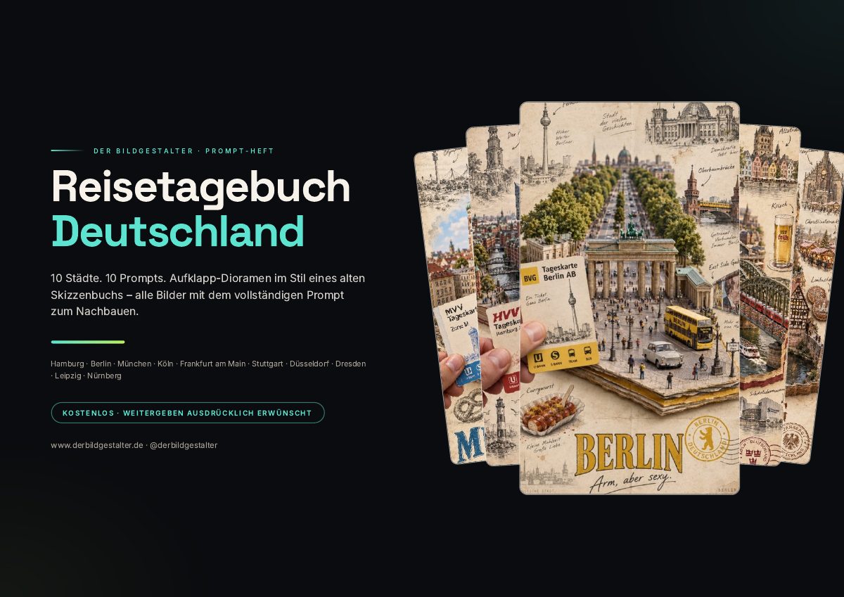 Titelseite des PDFs „Reisetagebuch Deutschland“ mit Bilderfächer aus fünf Städten