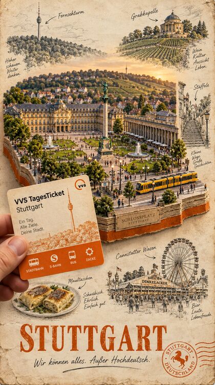 Reisetagebuchseite Stuttgart mit Schlossplatz und gelber Stadtbahn