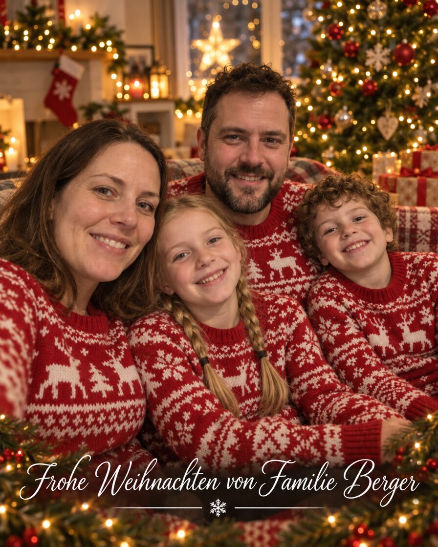 Dieselbe Familie in gleichen Weihnachtspullis vor Weihnachtsbaum und Kamin mit Schriftzug Frohe Weihnachten von Familie Berger