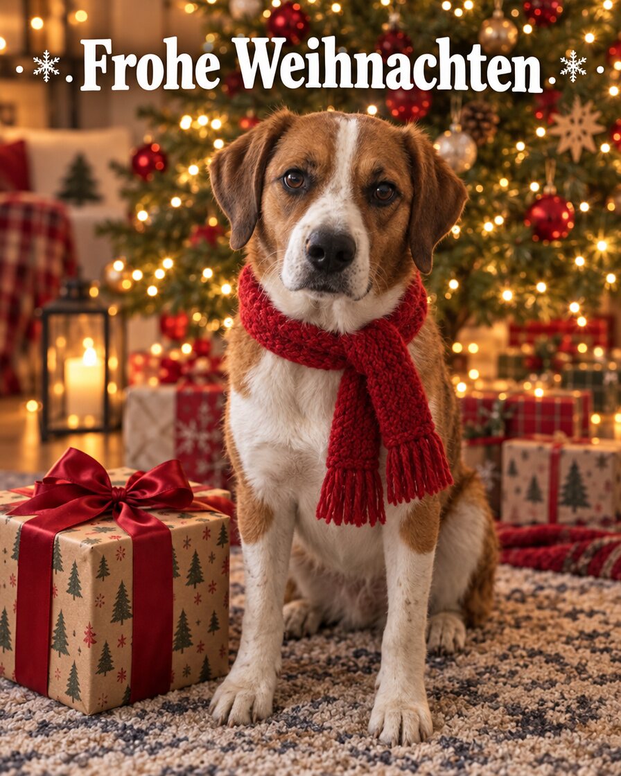 Derselbe Hund mit rotem Schal vor dem Weihnachtsbaum, oben Frohe Weihnachten