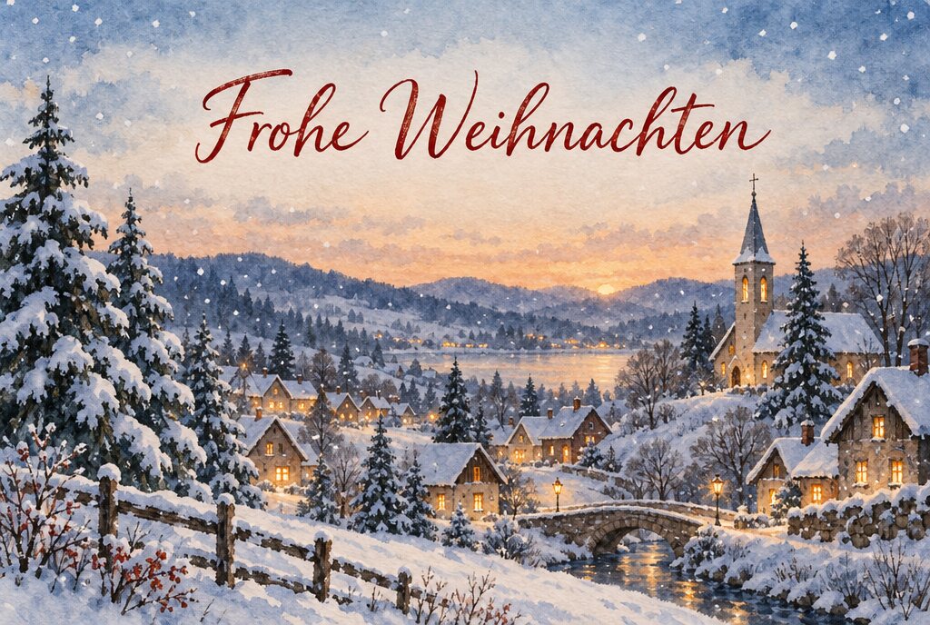 Aquarell eines verschneiten Dorfs in der Dämmerung mit Kirchturm und Tannen, oben in roter Pinselschrift Frohe Weihnachten