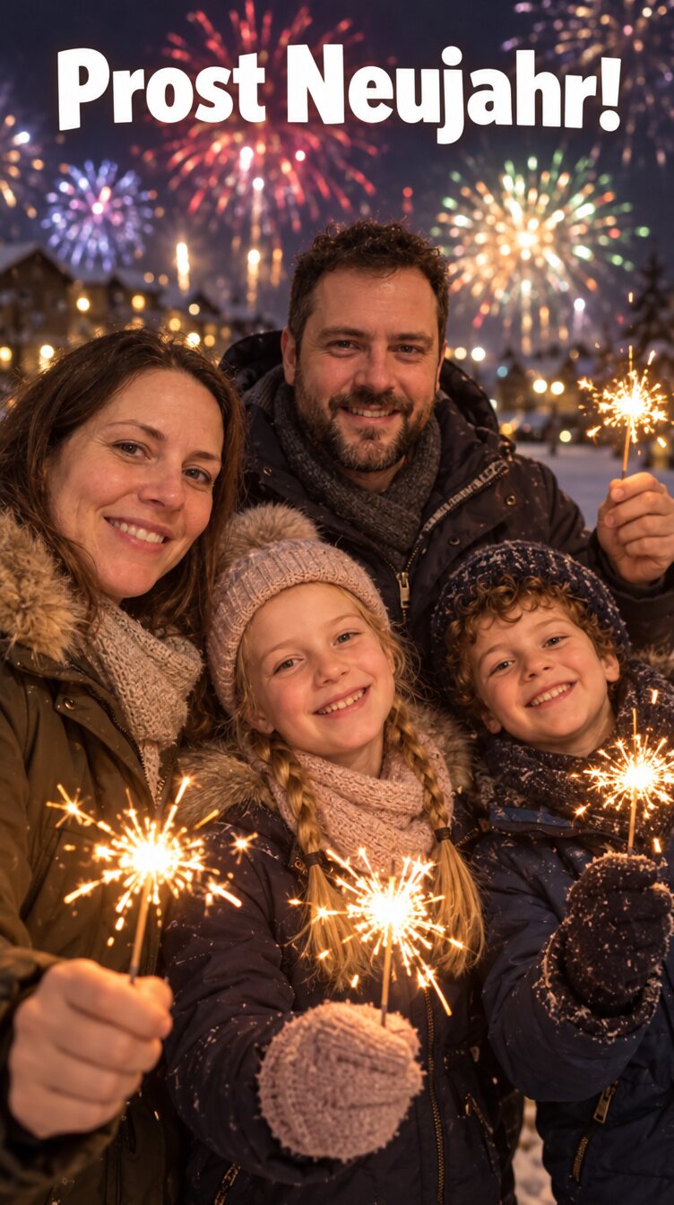 Dieselbe Familie nachts in Winterjacken mit brennenden Wunderkerzen, dahinter Feuerwerk, oben Prost Neujahr!