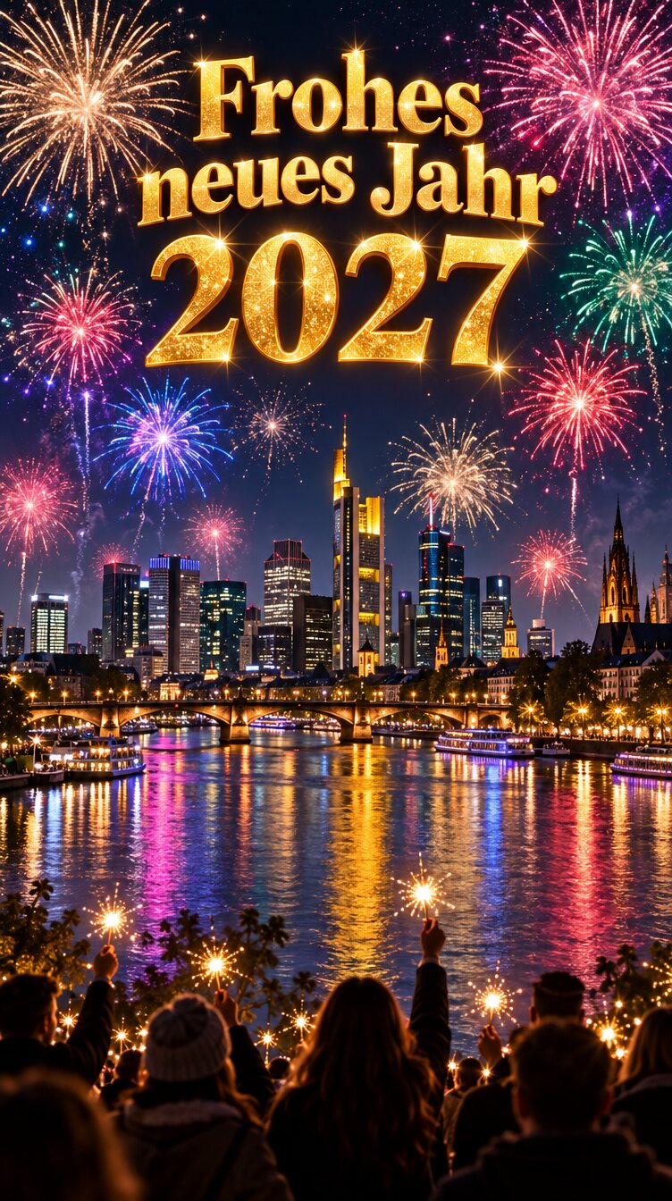 Buntes Feuerwerk über einer Stadt am Fluss, oben in goldenen Buchstaben Frohes neues Jahr 2027