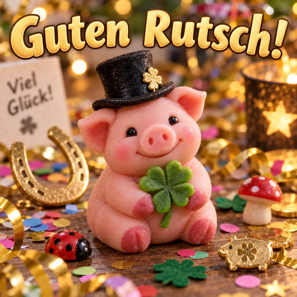 Rosa Marzipanschwein mit schwarzem Zylinder und vierblättrigem Kleeblatt zwischen Konfetti, oben Guten Rutsch!