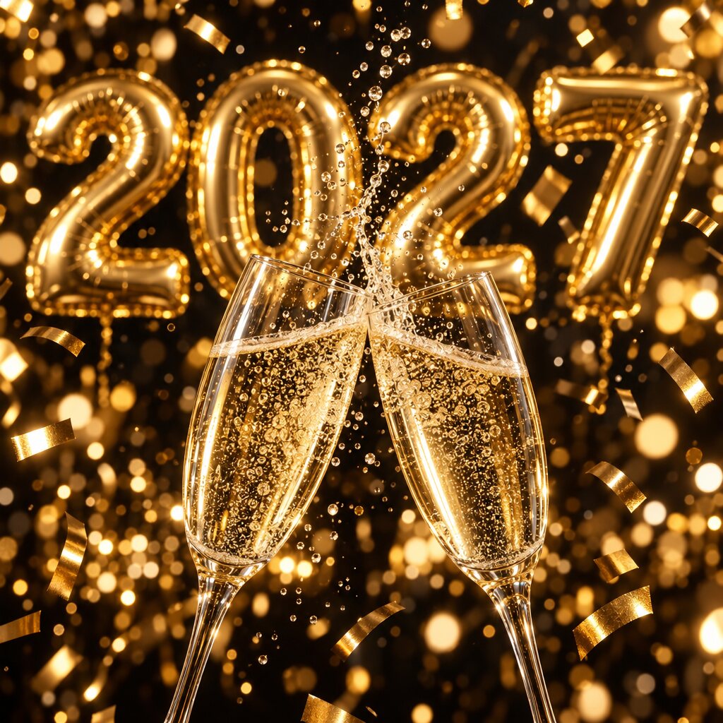 Zwei Sektgläser stoßen an, Sekt spritzt, dahinter goldene Ballonziffern 2027