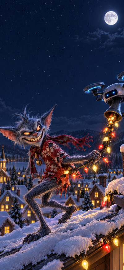 Zotteliger Kobold im zerfetzten Weihnachtspulli schleicht grinsend über ein verschneites Dach und zieht eine leuchtende Lichterkette ab, die eine Drohne mit Staubsaugerrohr einsaugt