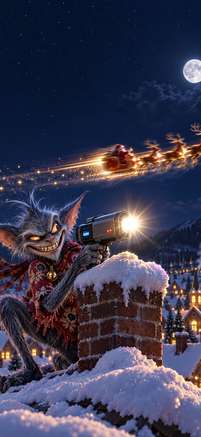 Zotteliger Kobold kauert hinter einem verschneiten Schornstein und blitzt mit einer Radarpistole den Schlitten, der als Lichtstreifen über den Mondhimmel rast